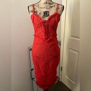 For Love & Lemons beautiful sexy red Lace lingerie Dress nude bodysuit L